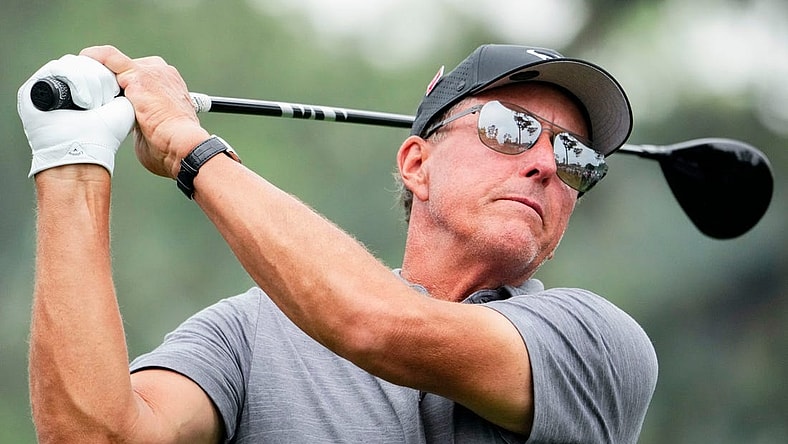 Phil Mickelson tees off on the 18th hole during a practice round for The Masters golf tournament at the Augusta National Golf Club in Augusta, Georgia, on April 4, 2023.

Pga The Masters Practice Round