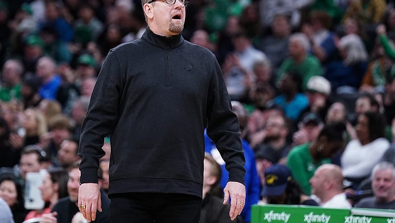 Apr 5, 2023; Boston, Massachusetts, USA; Toronto Raptors head coach Nick Nurse watches from the sideline as they take on the Boston Celtics at TD Garden. Mandatory Credit: David Butler II-USA TODAY Sports