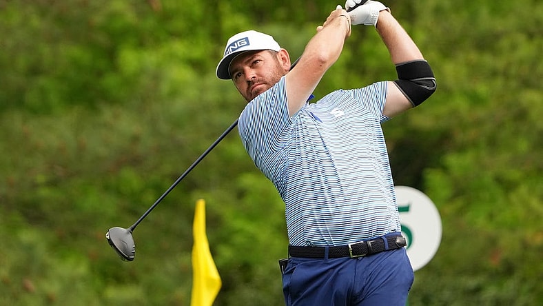 Apr 6, 2023; Augusta, Georgia, USA; Louis Oosthuizen tees off on the fifth hole during the first round of The Masters golf tournament. Mandatory Credit: Kyle Terada-USA TODAY Network