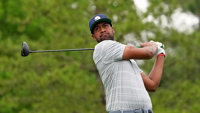 Apr 6, 2023; Augusta, Georgia, USA; Tony Finau tees off on the fifth hole during the first round of The Masters golf tournament. Mandatory Credit: Kyle Terada-USA TODAY Network