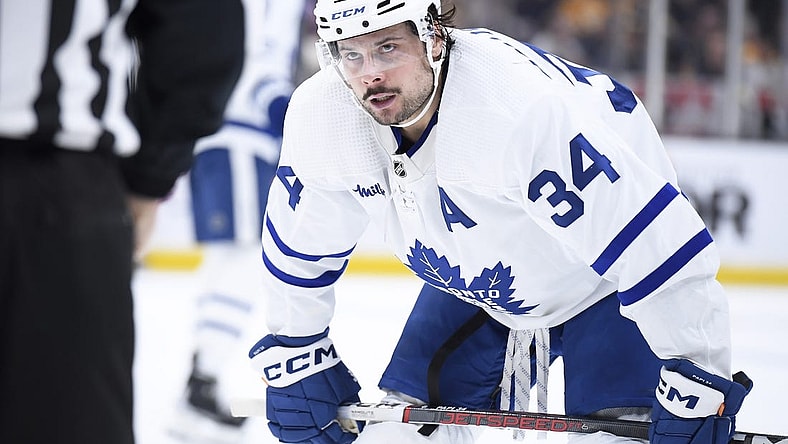Apr 6, 2023; Boston, Massachusetts, USA; Toronto Maple Leafs center Auston Matthews (34) gets ready for a face-off during the second period against the Boston Bruins at TD Garden. Mandatory Credit: Bob DeChiara-USA TODAY Sports
