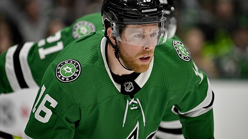 Apr 6, 2023; Dallas, Texas, USA; Dallas Stars center Joe Pavelski (16) waits for the face against the Philadelphia Flyers in the Stars zone during the third period at the American Airlines Center. Mandatory Credit: Jerome Miron-USA TODAY Sports
