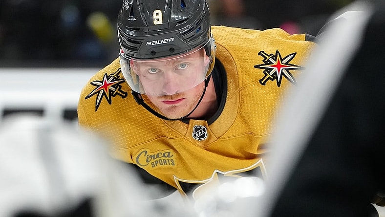 Apr 6, 2023; Las Vegas, Nevada, USA; Vegas Golden Knights center Jack Eichel (9) awaits a face off against the Los Angeles Kings during the second period at T-Mobile Arena. Mandatory Credit: Stephen R. Sylvanie-USA TODAY Sports