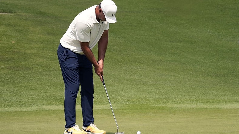 Apr 7, 2023; Augusta, Georgia, USA; Brooks Koepka putts on the 17th green during the second round of The Masters golf tournament. Mandatory Credit: Michael Madrid-USA TODAY Network