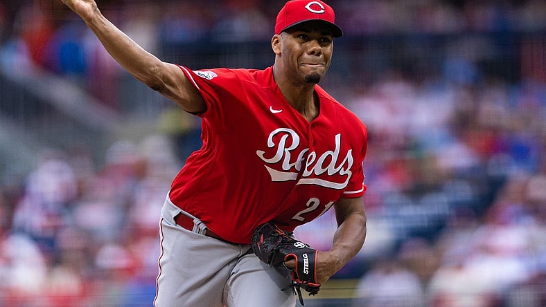 Apr 7, 2023; Philadelphia, Pennsylvania, USA; Cincinnati Reds starting pitcher Hunter Greene (21) throws a pitch during the second inning against the Philadelphia Phillies at Citizens Bank Park. Mandatory Credit: Bill Streicher-USA TODAY Sports