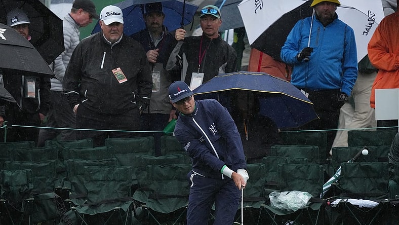Apr 8, 2023; Augusta, Georgia, USA; Zach Johnson chips onto the 18th green during the third round of The Masters golf tournament. Mandatory Credit: Kyle Terada-USA TODAY Network