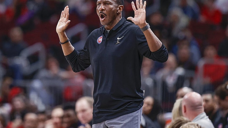 Apr 9, 2023; Chicago, Illinois, USA; Detroit Pistons head coach Dwane Casey reacts during the first half at United Center. Mandatory Credit: Kamil Krzaczynski-USA TODAY Sports