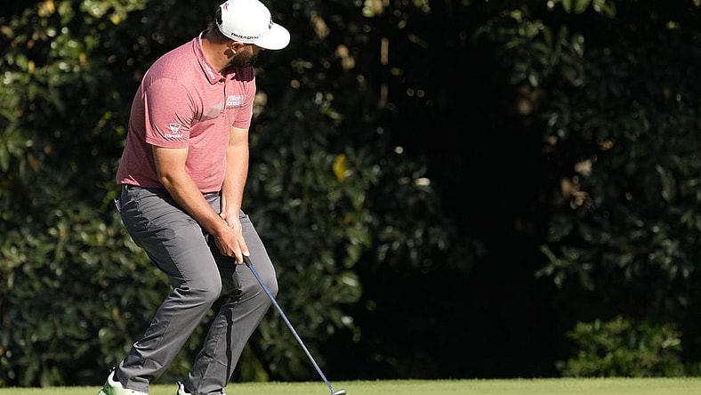 Apr 9, 2023; Augusta, Georgia, USA; Jon Rahm reacts after a putt on the 11th green during the final round of The Masters golf tournament. Mandatory Credit: Michael Madrid-USA TODAY Network