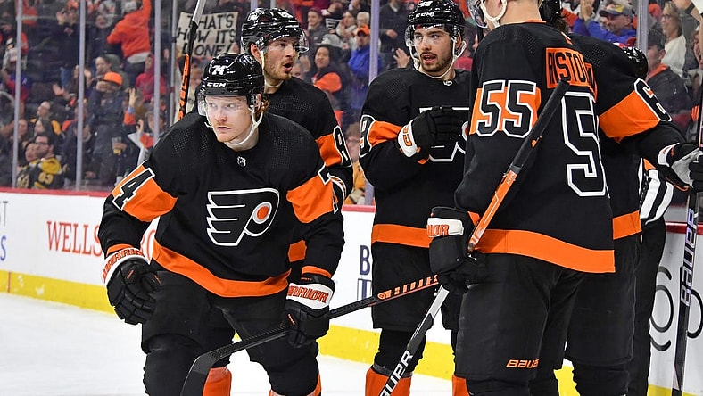 Apr 9, 2023; Philadelphia, Pennsylvania, USA; Philadelphia Flyers right wing Owen Tippett (74) heads back to the bench after scoring a goal against the Boston Bruins during the third period at Wells Fargo Center. Mandatory Credit: Eric Hartline-USA TODAY Sports