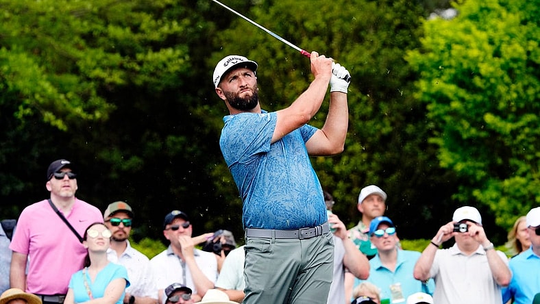 Jon Rahm tees off on no. 3 during the Par 3 Contest at The Masters golf tournament at the Augusta National Golf Club in Augusta, Ga., on April 5, 2023.

Pga Par 3 Contest