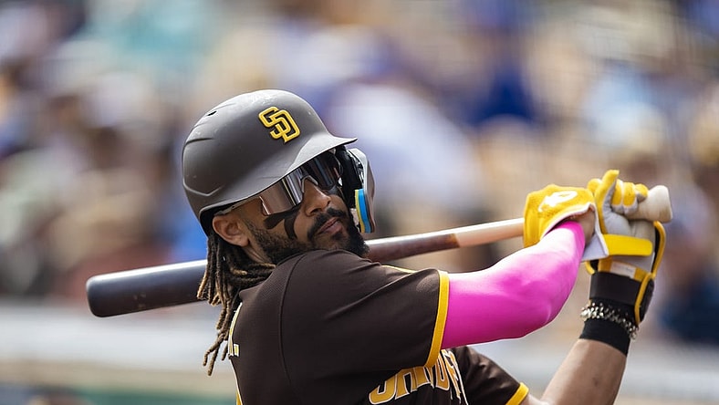 Mar 6, 2023; Phoenix, Arizona, USA; San Diego Padres outfielder Fernando Tatis Jr against the Los Angeles Dodgers during a spring training game at Camelback Ranch-Glendale. Mandatory Credit: Mark J. Rebilas-USA TODAY Sports