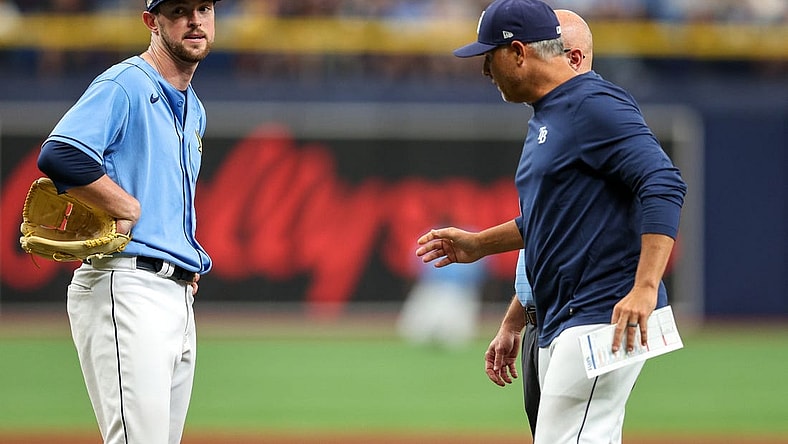 Apr 13, 2023; St. Petersburg, Florida, USA;  Tampa Bay Rays starting pitcher Jeffrey Springs (59) reacts after having to leave the game against the Boston Red Sox in the fourth inning at Tropicana Field. Mandatory Credit: Nathan Ray Seebeck-USA TODAY Sports