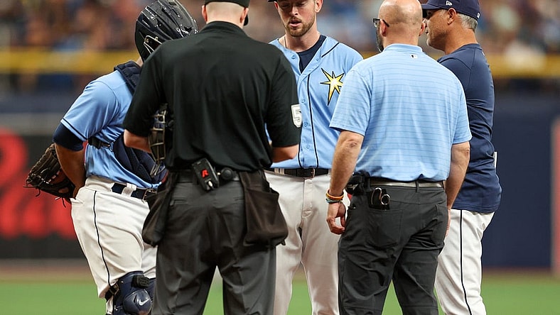 Apr 13, 2023; St. Petersburg, Florida, USA;  Tampa Bay Rays starting pitcher Jeffrey Springs (59) leaves the game against the Boston Red Sox with an injury in the fourth inning at Tropicana Field. Mandatory Credit: Nathan Ray Seebeck-USA TODAY Sports