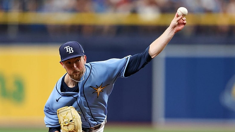 Apr 13, 2023; St. Petersburg, Florida, USA;  Tampa Bay Rays starting pitcher Jeffrey Springs (59) throws a pitch against the Boston Red Sox in the third inning at Tropicana Field. Mandatory Credit: Nathan Ray Seebeck-USA TODAY Sports