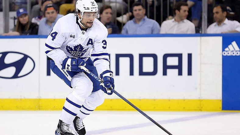 Apr 13, 2023; New York, New York, USA; Toronto Maple Leafs center Auston Matthews (34) skates with the puck against the New York Rangers during the second period at Madison Square Garden. Mandatory Credit: Brad Penner-USA TODAY Sports