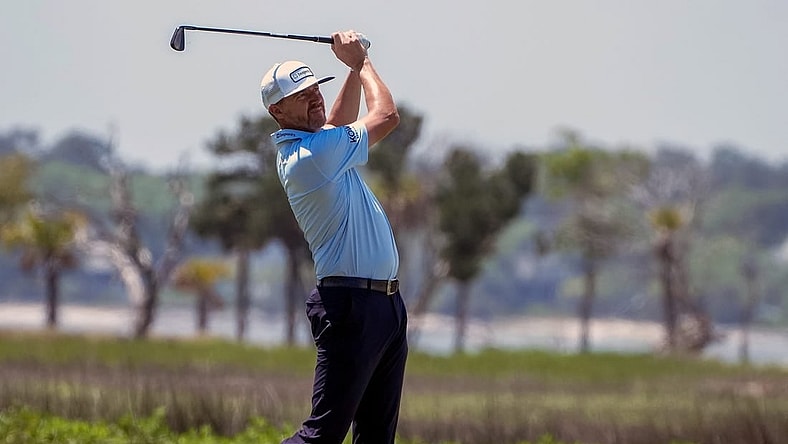 Apr 14, 2023; Hilton Head, South Carolina, USA; Jimmy Walker plays from the 18th fairway during the second round of the RBC Heritage golf tournament. Mandatory Credit: David Yeazell-USA TODAY Sports