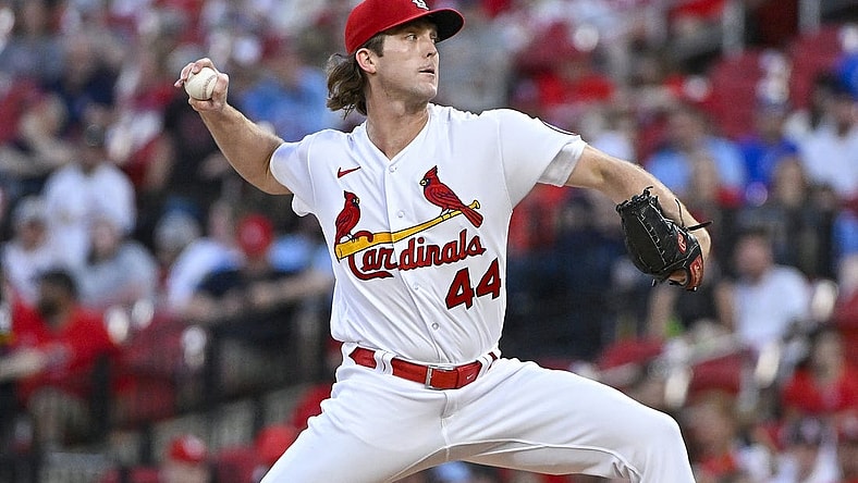 Apr 14, 2023; St. Louis, Missouri, USA; St. Louis Cardinals starting pitcher Jake Woodford (44) pitches against the Pittsburgh Pirates during the first inning at Busch Stadium. Mandatory Credit: Jeff Curry-USA TODAY Sports