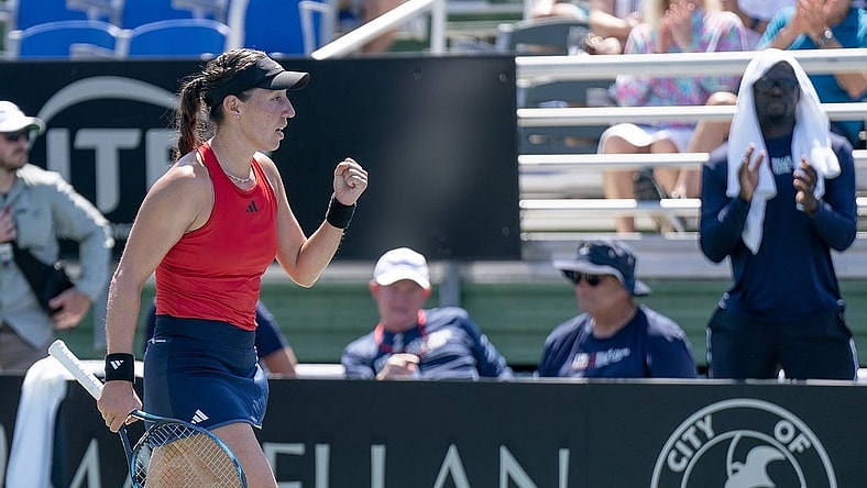 Apr 15, 2023; Delray Beach, FL, USA; Jessica Pegula (USA) celebrates winning her match against Julia Grabher (AUT) in the Billie Jean King Cup tie against Austria at Delray Beach Tennis Center. Mandatory Credit: Susan Mullane-USA TODAY Sports