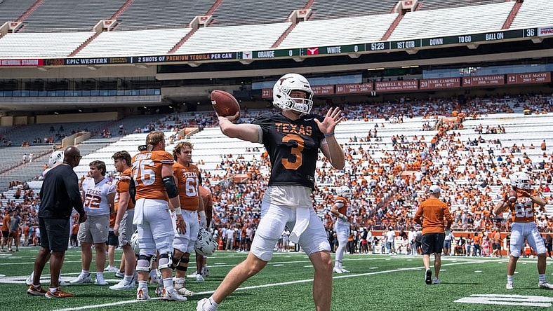 Texas quarterback Quinn Ewers (3) warms up ahead of the Longhorn's Orange and White spring football game in Darrell K Royal-Texas Memorial Stadium, Saturday, April 15, 2023.

Ewers
