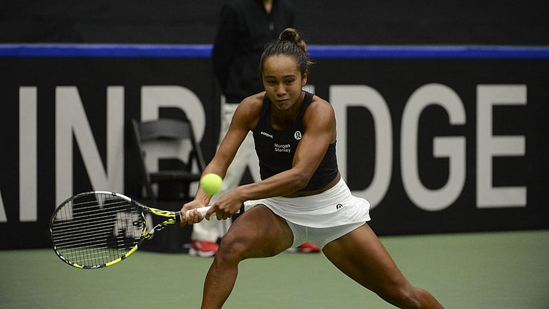 Apr 15, 2023; Vancouver, British Columbia, CAN;  Leylah Fernandez (CAN) returns the ball during her match against Ysaline Bonaventure (BEL) at Pacific Coliseum. Mandatory Credit: Anne-Marie Sorvin-USA TODAY Sports