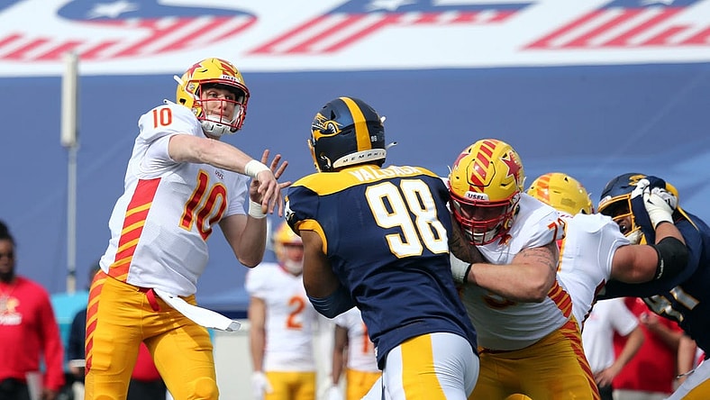 Apr 15, 2023; Memphis, TN, USA; Philadelphia Stars quarterback Case Cookus (10) passes the ball during the first half against the Memphis Showboats at Simmons Bank Liberty Stadium. Mandatory Credit: Petre Thomas-USA TODAY Sports