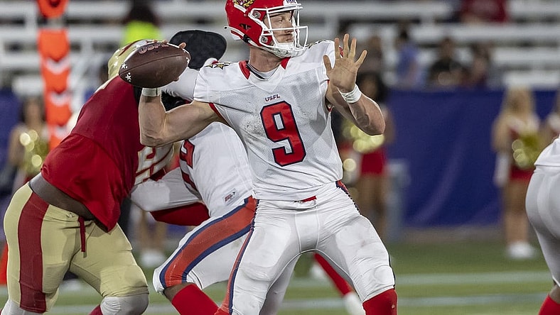 Apr 15, 2023; Birmingham, AL, USA; New Jersey Generals quarterback Dakota Prukop (9) throws the ball against the Birmingham Stallions during the second half of a USFL football game at Protective Stadium. Mandatory Credit: Vasha Hunt-USA TODAY Sports