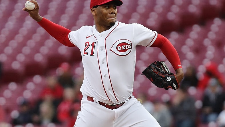 Apr 17, 2023; Cincinnati, Ohio, USA; Cincinnati Reds starting pitcher Hunter Greene throws against the Tampa Bay Rays during the first inning at Great American Ball Park. Mandatory Credit: David Kohl-USA TODAY Sports