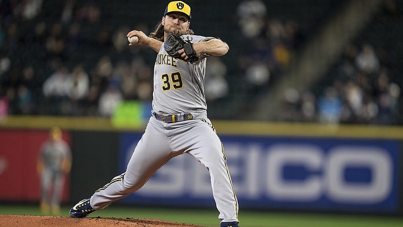 Apr 17, 2023; Seattle, Washington, USA; Milwaukee Brewers starter Corbin Burnes (39) delivers a pitch during the first inning against the Seattle Mariners at T-Mobile Park. Mandatory Credit: Stephen Brashear-USA TODAY Sports
