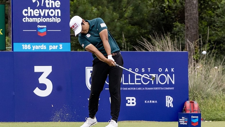 Apr 20, 2023; The Woodlands, Texas, USA; Peiyun Chien (TAI) drives off the third tee during the first round of The Chevron Championship golf tournament. Mandatory Credit: Thomas Shea-USA TODAY Sports