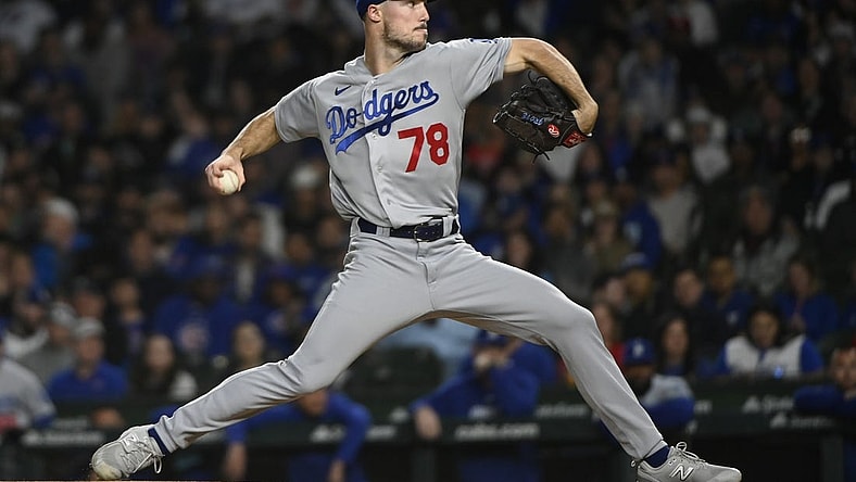 Apr 20, 2023; Chicago, Illinois, USA; Los Angeles Dodgers starting pitcher Michael Grove (78) delivers against the Chicago Cubs during the first inning at Wrigley Field. Mandatory Credit: Matt Marton-USA TODAY Sports