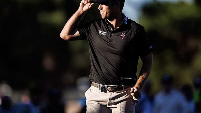Apr 21, 2023; Adelaide, South Australia AUS; Talor Gooch of  team Rangegoats celebrates after finishing his round on the eleventh hole during the first round of LIV Golf Adelaide golf tournament at Grange Golf Club. Mandatory Credit: Mike Frey-USA TODAY Sports