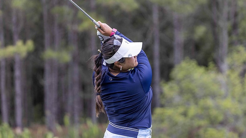 Apr 21, 2023; The Woodlands, Texas, USA;   Lilia Vu (USA) drives off the 17th tee during the second round of The Chevron Championship golf tournament. Mandatory Credit: Thomas Shea-USA TODAY Sports