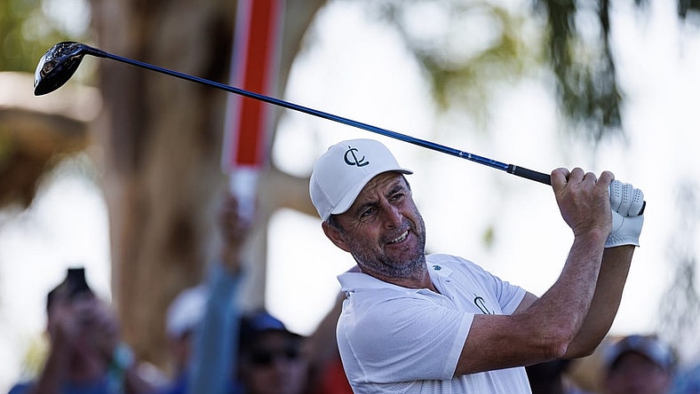 Apr 22, 2023; Adelaide,South Australia, AUS; Richard Bland of Team Creeks hits a tee shot during the second round of LIV Golf Adelaide golf tournament at Grange Golf Club. Mandatory Credit: Mike Frey-USA TODAY Sports