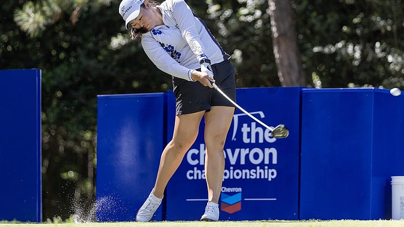 Apr 22, 2023; The Woodlands, Texas, USA; Allisen Corpuz (USA) hits off the 16th during the third round of The Chevron Championship golf tournament. Mandatory Credit: Thomas Shea-USA TODAY Sports