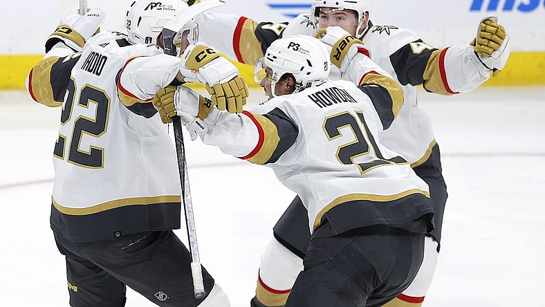 Apr 22, 2023; Winnipeg, Manitoba, CAN; Vegas Golden Knights celebrate the double overtime goal by Vegas Golden Knights right wing Michael Amadio (22) against the Winnipeg Jets in game three of the first round of the 2023 Stanley Cup Playoffs at Canada Life Centre. Mandatory Credit: James Carey Lauder-USA TODAY Sports