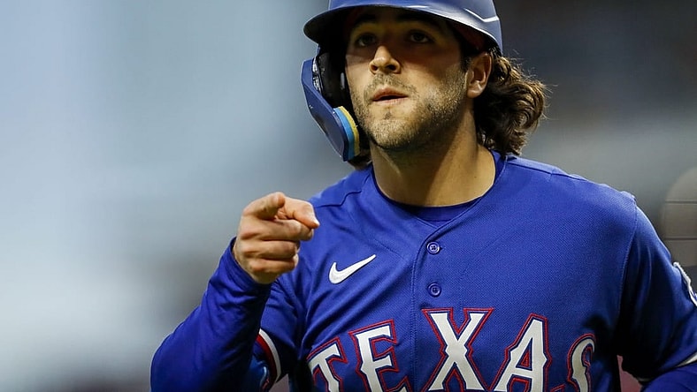 Apr 25, 2023; Cincinnati, Ohio, USA; Texas Rangers third baseman Josh Jung (6) reacts after hitting a solo home run in the sixth inning against the Cincinnati Reds at Great American Ball Park. Mandatory Credit: Katie Stratman-USA TODAY Sports