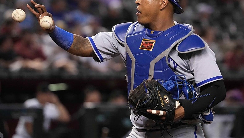 Apr 25, 2023; Phoenix, Arizona, USA; Kansas City Royals catcher Salvador Perez (13) looks on against the Arizona Diamondbacks during the seventh inning at Chase Field. Mandatory Credit: Joe Camporeale-USA TODAY Sports