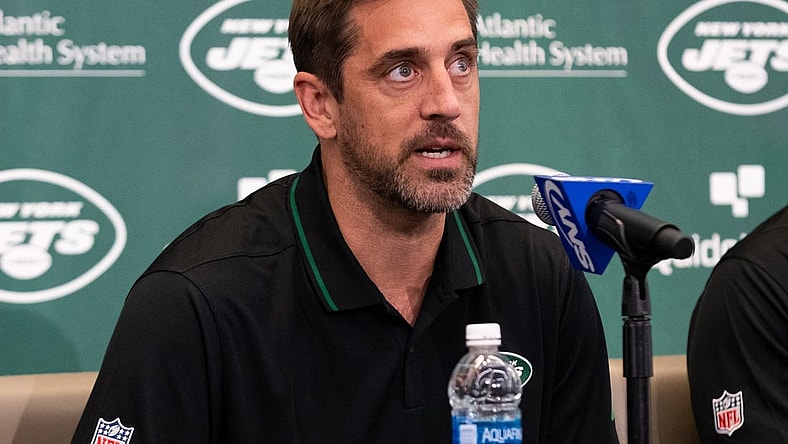 Apr 26, 2023; Florham Park, NJ, USA; New York Jets quarterback Aaron Rodgers (8) addresses the media during the introductory press conference at Atlantic Health Jets Training Center. Mandatory Credit: Tom Horak-USA TODAY Sports