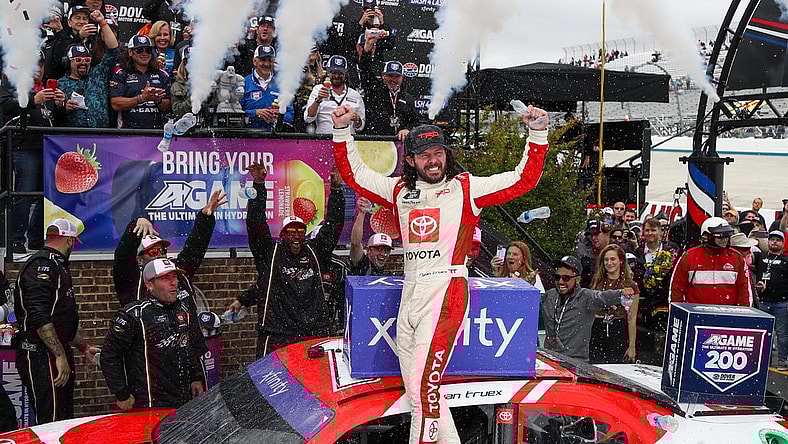 Apr 29, 2023; Dover, Delaware, USA; NASCAR Xfinity Series driver Ryan Truex (19) celebrates in victory lane after winning the A-GAME 200 at Dover Motor Speedway. Mandatory Credit: Matthew OHaren-USA TODAY Sports