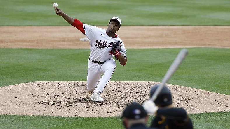 Apr 30, 2023; Washington, District of Columbia, USA; Washington Nationals starting pitcher Josiah Gray (40) pitches against the Pittsburgh Pirates during the third inning at Nationals Park. Mandatory Credit: Geoff Burke-USA TODAY Sports