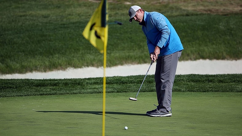 May 17, 2019; Bethpage, NY, USA; Shaun Micheel putts on the sixth green during the second round of the PGA Championship golf tournament at Bethpage State Park - Black Course. Mandatory Credit: Peter Casey-USA TODAY Sports