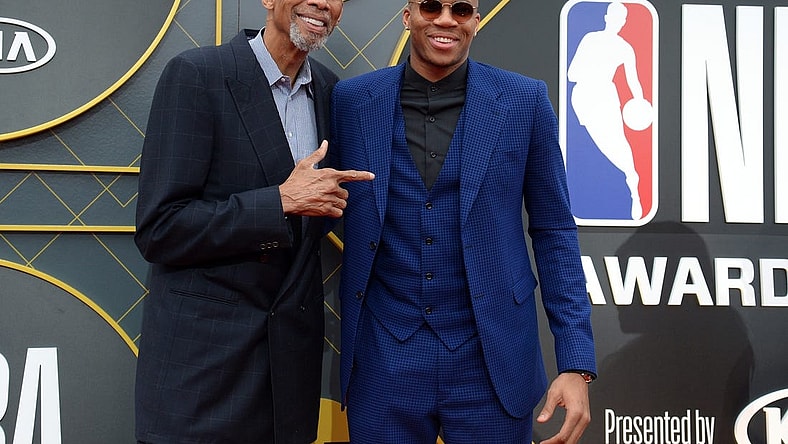 June 24, 2019; Los Angeles, CA, USA; Milwaukee Bucks forward Giannis Antetokounmpo poses with former player Kareem Abdul-Jabbar arrives on the red carpet for the 2019 NBA Awards show at Barker Hanger. Mandatory Credit: Gary A. Vasquez-USA TODAY Sports