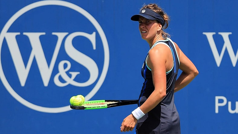 Aug 10, 2019; Mason, OH, USA; Barbora Strycova (CZE) reacts against Kaia Kanepi (EST) during the Western and Southern Open tennis tournament at Lindner Family Tennis Center. Mandatory Credit: Aaron Doster-USA TODAY Sports