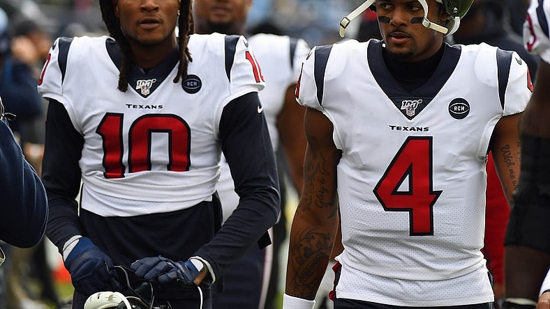 Dec 15, 2019; Nashville, TN, USA; Houston Texans quarterback Deshaun Watson (4) and Houston Texans wide receiver DeAndre Hopkins (10) walk off the field after warmups before the game against the Tennessee Titans at Nissan Stadium. Mandatory Credit: Christopher Hanewinckel-USA TODAY Sports