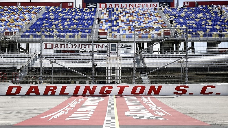 May 17, 2020, Darlington, SC, USA; The grandstands are empty at Darlington Raceway before the NASCAR Cup Series auto race. Mandatory Credit: Brynn Anderson/Pool Photo via USA TODAY Network