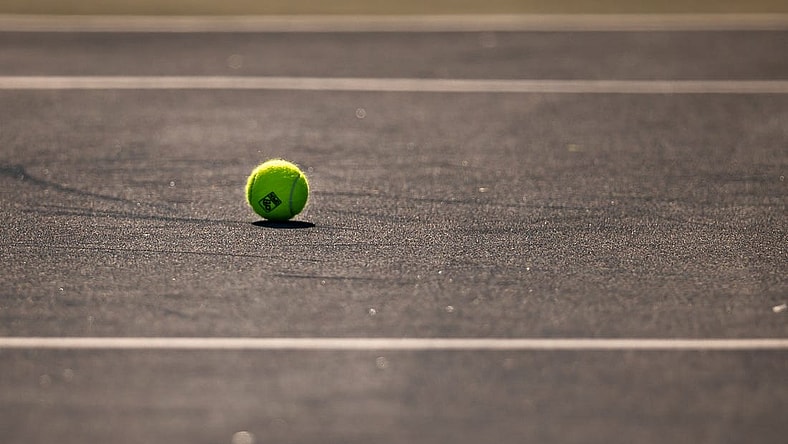 Aug 8, 2021; Washington, DC, USA; A ball with the Citi Open logo is seen on the court during the singles final match at Citi Open at Rock Creek Park Tennis Center. Mandatory Credit: Scott Taetsch-USA TODAY Sports