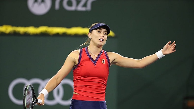 Paula Badosa reacts during her semifinal win against Ons Jabeur at the BNP Paribas in Indian Wells, Calif., on October 15, 2021.

Paula Badosa Vs Ons Jabeur Bnp Paribas2217