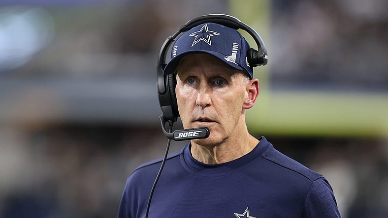 Nov 14, 2021; Arlington, Texas, USA; Dallas Cowboys offensive line coach Joe Philbin on the sidelines in the second half against the Atlanta Falcons at AT&T Stadium. Mandatory Credit: Matthew Emmons-USA TODAY Sports