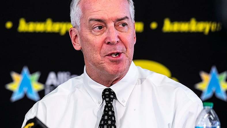 Iowa athletic director Gary Barta speaks during a news conference announcing Clarissa Chun as the inaugural head coach for the women's wrestling program, Friday, Nov. 19, 2021, at Carver-Hawkeye Arena in Iowa City, Iowa.

211119 Clarissa Chun Ia W Wr 008 Jpg