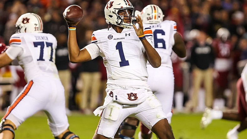 Nov 20, 2021; Columbia, South Carolina, USA; Auburn Tigers quarterback TJ Finley (1) passes against the South Carolina Gamecocks in the third quarter at Williams-Brice Stadium. Mandatory Credit: Jeff Blake-USA TODAY Sports